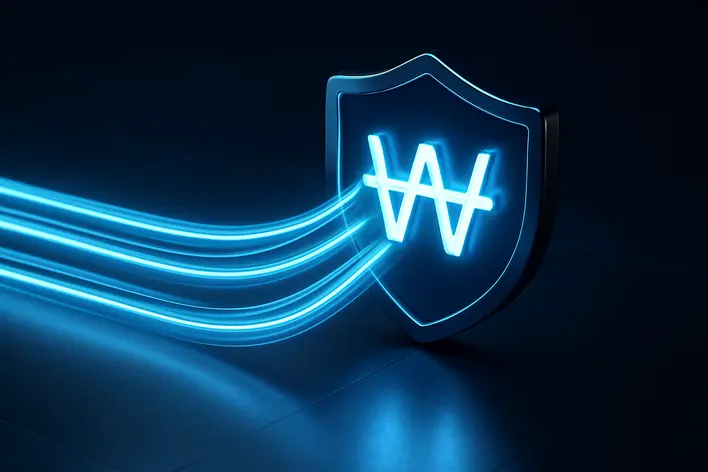 A futuristic 3D render symbolizing the secure and fast deposit and withdrawal of Korean Won (KRW) at UFA Korea 999, with glowing blue digital streams flowing into a secure shield icon.