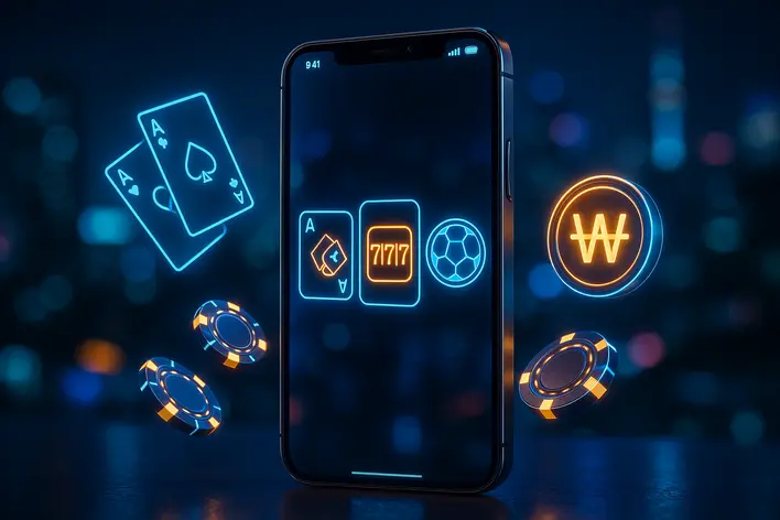 A smartphone showing the UFA Korea 999 interface with casino game icons, set against a futuristic Seoul background, representing a trusted online gambling site for Thais in Korea.