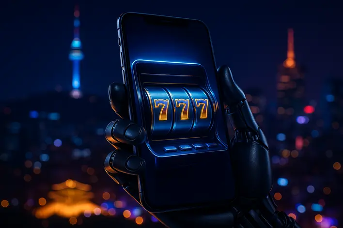 A futuristic online slot game interface glowing on a smartphone screen, with a neon-lit Seoul cityscape in the background, representing UFA Korea 999's modern platform for playing slots.
