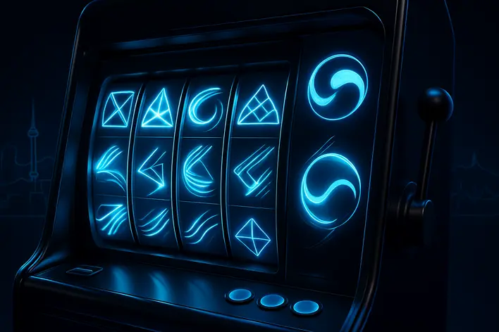 A futuristic 3D render of a digital slot machine interface with glowing blue neon lights, set against a stylized backdrop of the Seoul skyline, representing a review of Korean slot websites.