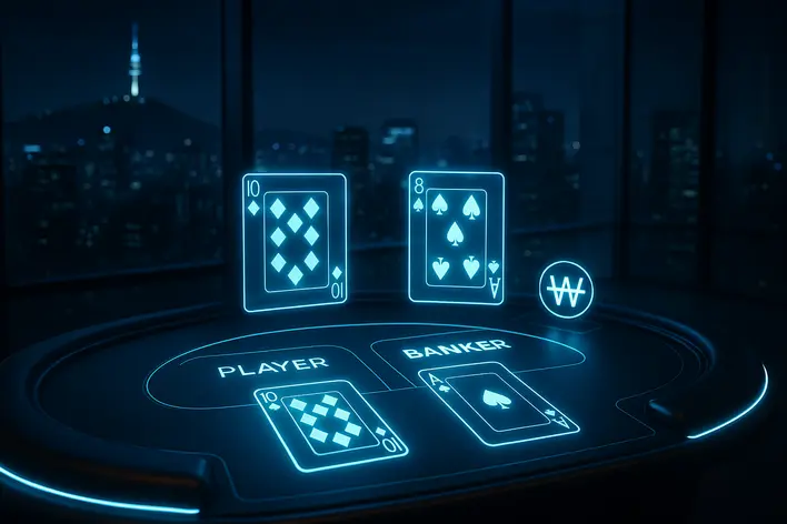 A futuristic digital interface for an online Baccarat game, with glowing blue cards and a Korean Won symbol, set against a nighttime Seoul skyline, representing the best Korean Baccarat websites.